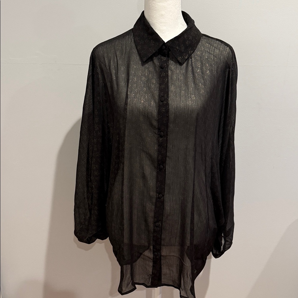 NWT! Lovestitch Remy Black Sheer Gold Foil Chiffon Dolman Sleeve Blouse Large